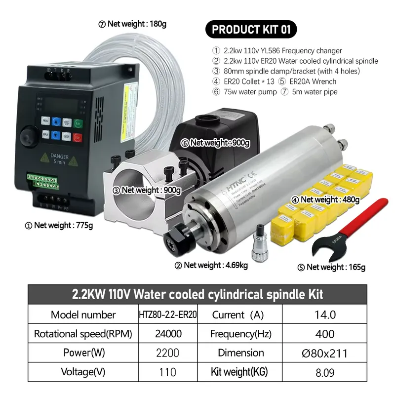 Eixo Fresador Refrigerado a Ág - 2.2Kw Water Cooled Spindle Kit Vfd avaliação e preço